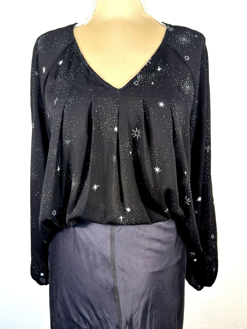 Women Blouse Large Black Celestial Star Print Sheer Whimsigoth Witchy Top